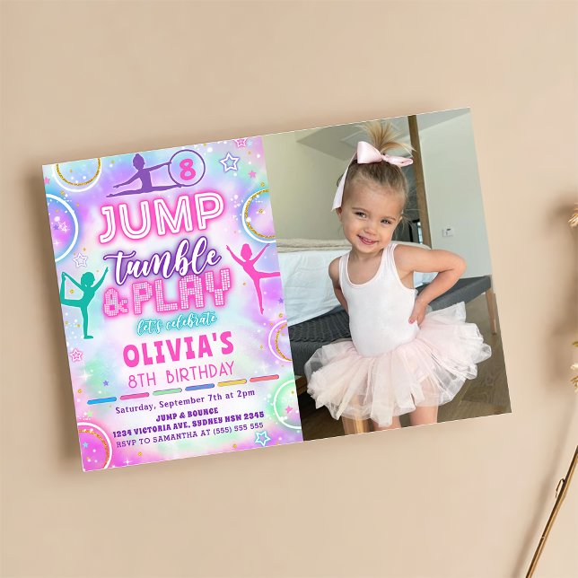 Tie Dye Gymnastics Jump Birthday Party Photo Invitation (Creator Uploaded)