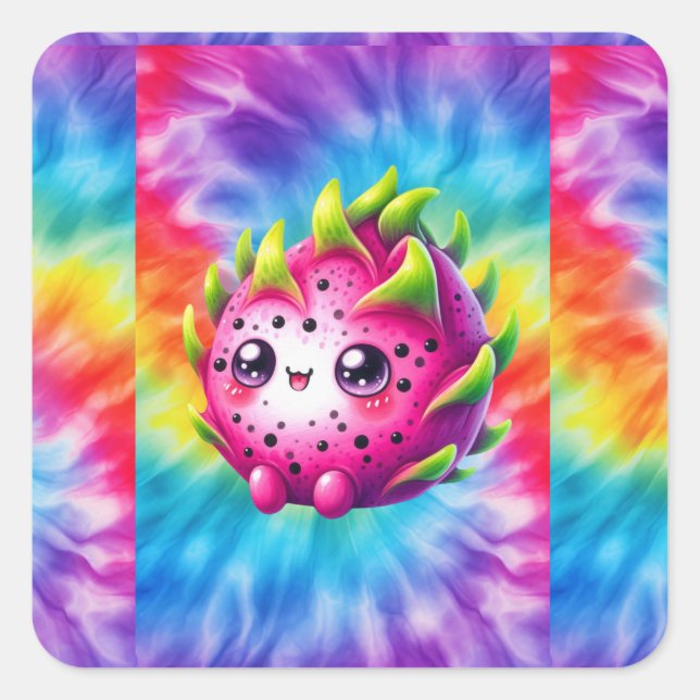 Tie-Dye Happy Dragon Fruit Square Sticker (Front)