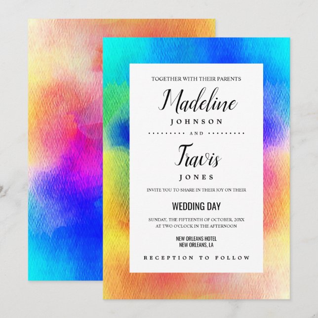 Tie Dye Hippie 60s Watercolor Wedding Invitations (Front/Back)