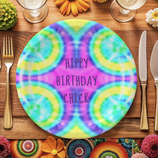 Tie Dye Hippy Birthday Paper Plate (Hippy Birthday Chick! Just add your name to this trippy hippie paper plate)