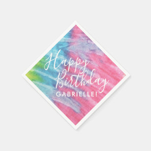 Tie Dye Hippy Chic Pink Teal Happy Birthday Name Napkin