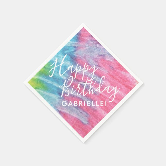 Tie Dye Hippy Chic Pink Teal Happy Birthday Name Napkin (Corner)