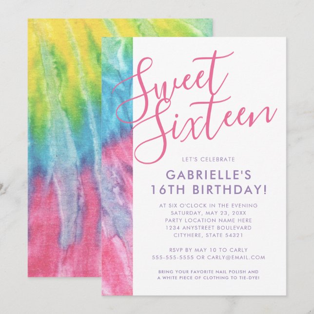 Tie Dye Hippy Chic Pink Teal Sweet 16 Birthday Invitation (Front/Back)