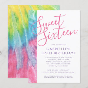 Tie Dye Hippy Chic Pink Teal Sweet 16 Birthday Invitation