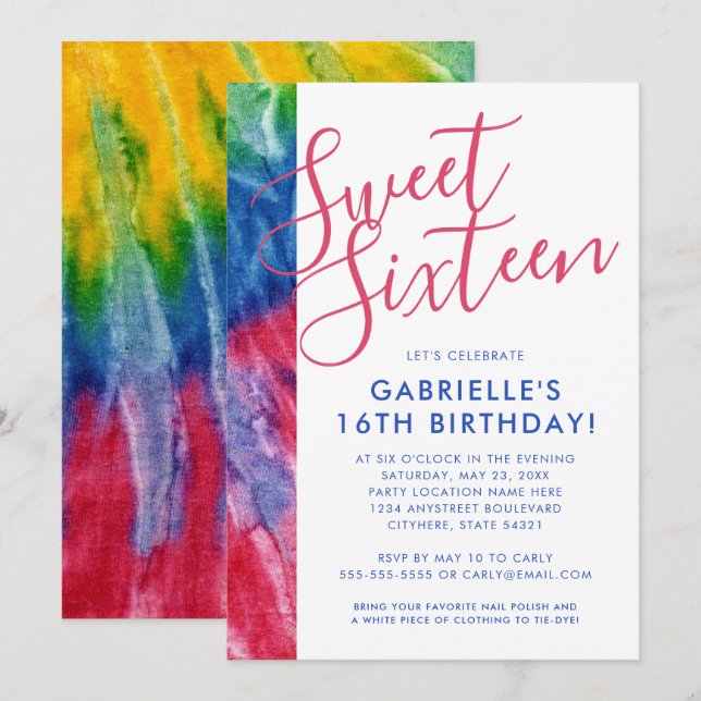 Tie Dye Hippy Chic Red Blue Yellow 16th Bday Party Invitation (Front/Back)