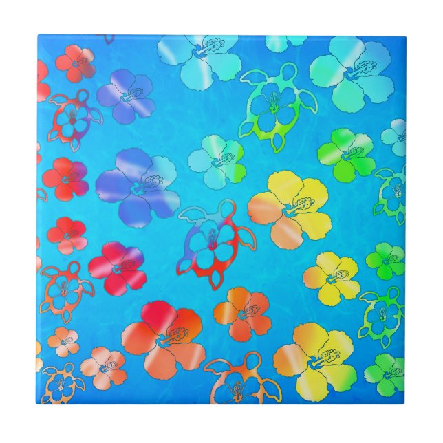 Tie Dye Honu And Hibiscus Tile (Front)
