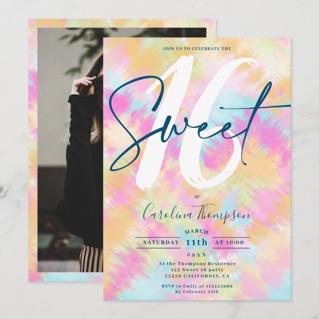 Tie dye Ikat rainbow pastel font photo Sweet 16 Invitation (Front/Back)