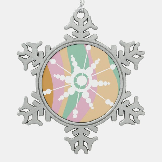 Tie Dye Liquid Retro Groovy Christmas Beige Green Snowflake Pewter Christmas Ornament (Front)
