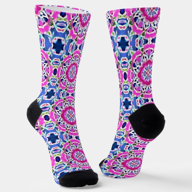 Tie Dye Mandala Pattern Denim Blue and Pink     Socks (Angled)