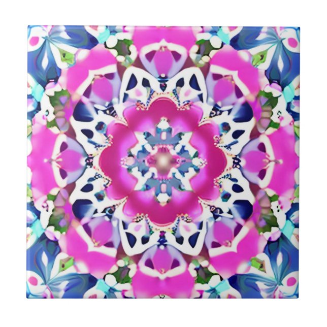 Tie Dye Mandala Pattern Denim Blue and Pink   Tile (Front)