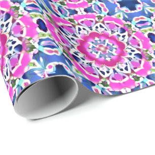 Tie Dye Mandala Pattern Denim Blue and Pink Wrapping Paper