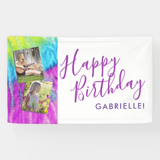 Tie Dye Modern Hippy Purple Happy Birthday Photo Banner (Horizontal)