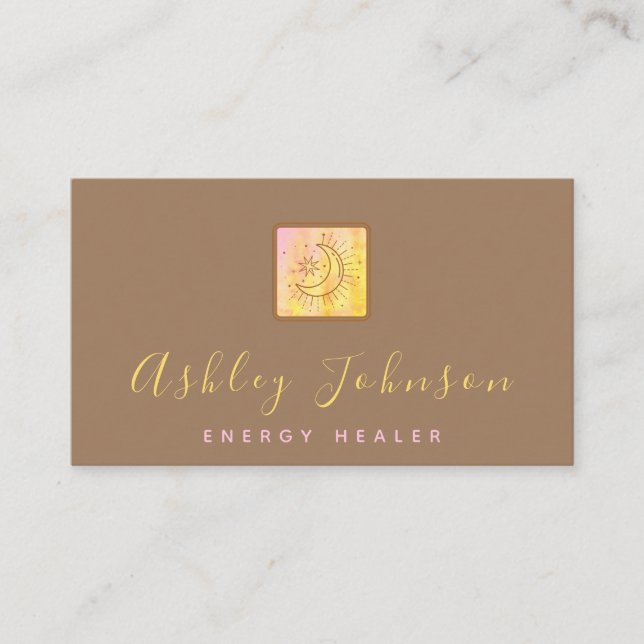 Tie Dye Moon Brown Cosmic Energy Healing Bohemian Business Card (Front)