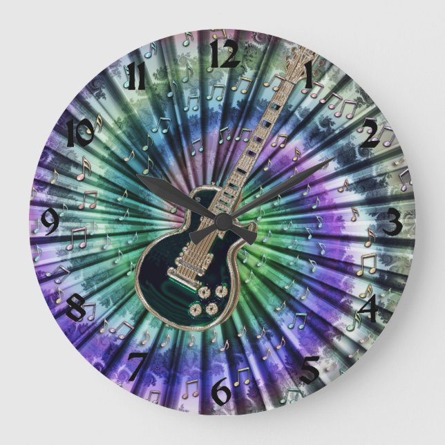 Tie-Dye Musicians Electric Guitar Clock + Numbers (Front)