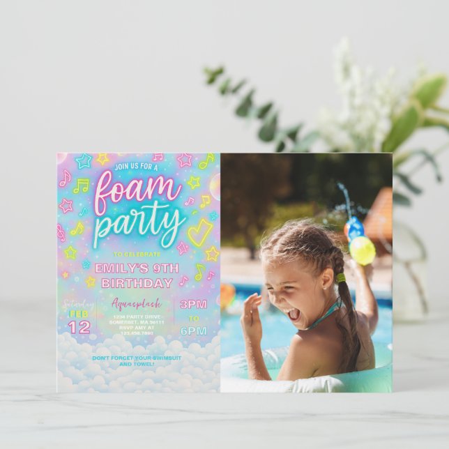 Tie Dye Neon Glow Foam Birthday Party Photo Invitation (Standing Front)