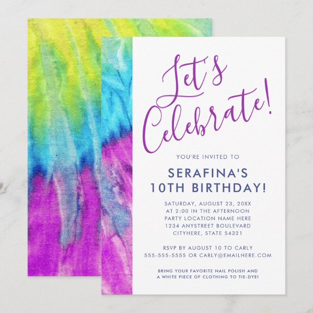 Tie Dye Neon Purple Aqua Lime Any Age Birthday Invitation (Front/Back)