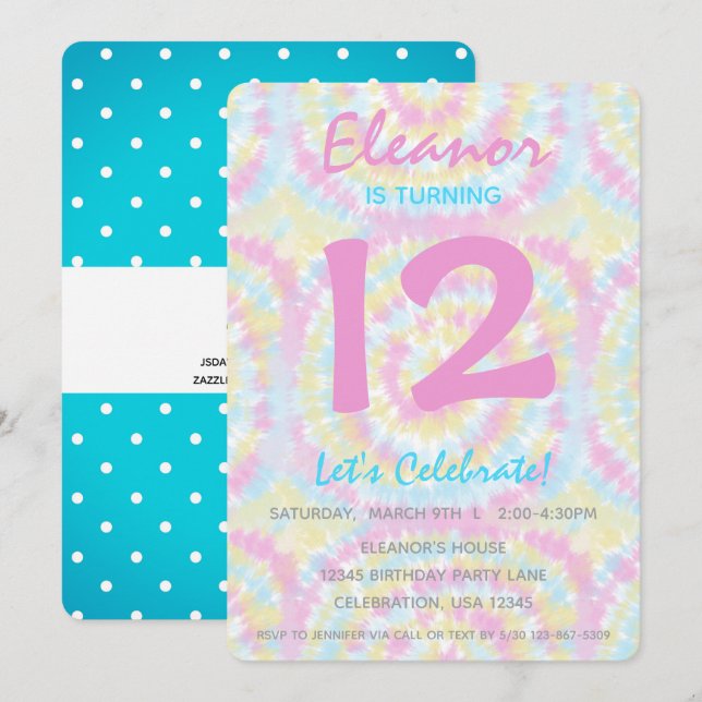Tie Dye Pastel Girl Birthday Party Invitation (Front/Back)