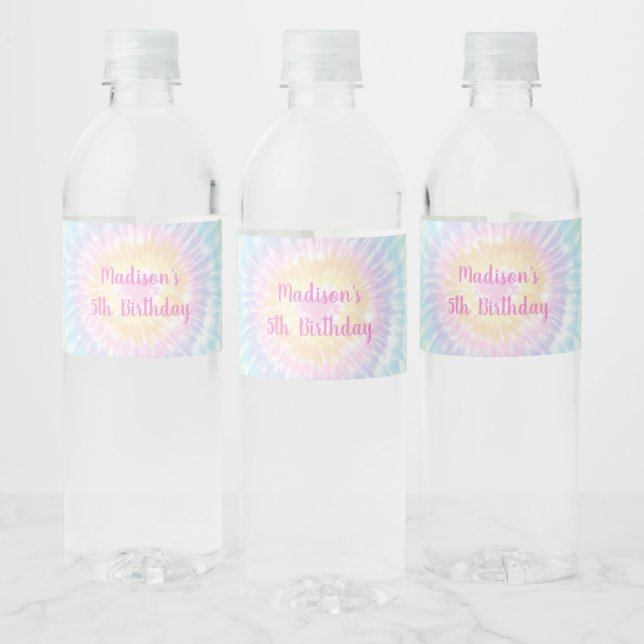 Tie Dye Pastel Hippie Peace Love Birthday Water Bottle Label (Bottles)