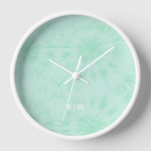Tie Dye   Pastel Mint Green Monogram Clock