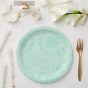 Tie Dye   Pastel Mint Green Monogram Paper Plate