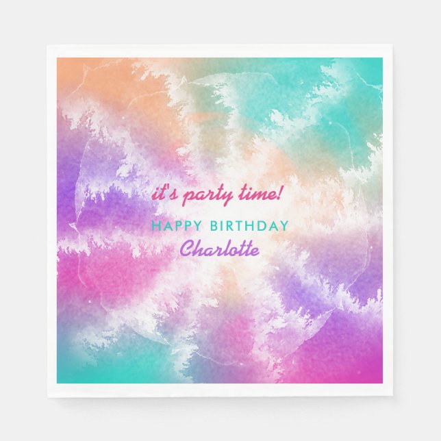Tie Dye Pastel Pink Orange Teal Purple Birthday Napkin (Front)