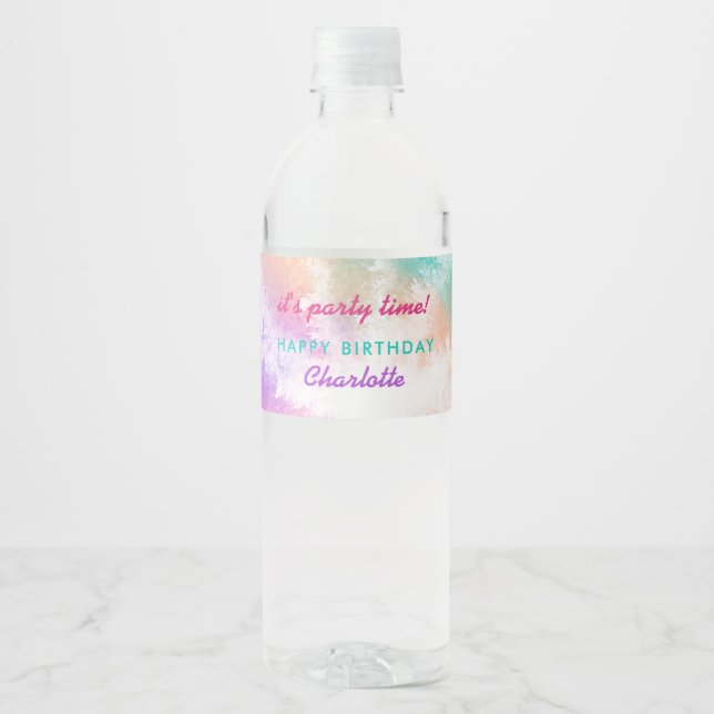 Tie Dye Pastel Pink Orange Teal Purple Birthday Water Bottle Label (Front)
