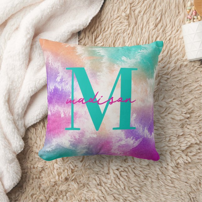 Tie Dye Pastel Pink Orange Teal Purple Monogram Cushion (Blanket)