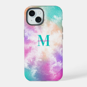 Tie Dye Pastel Pink Orange Teal Purple Monogram iPhone 15 Case