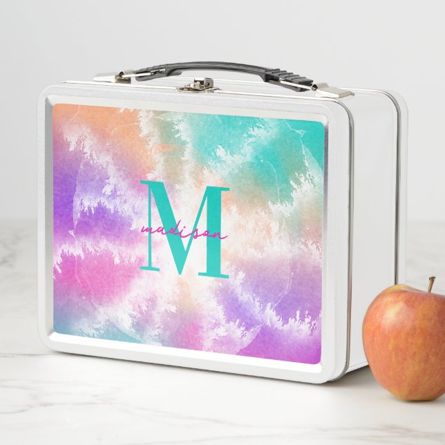 Tie Dye Pastel Pink Orange Teal Purple Monogram Metal Lunch Box (In Situ)