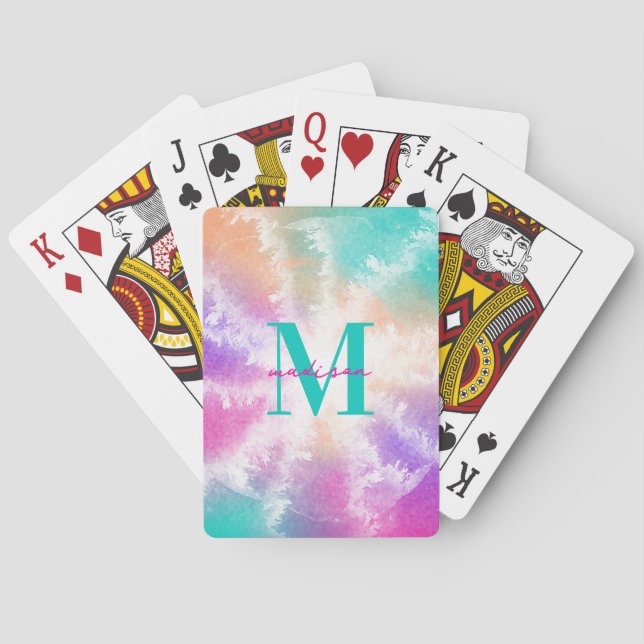Tie Dye Pastel Pink Orange Teal Purple Monogram Playing Cards (Back)