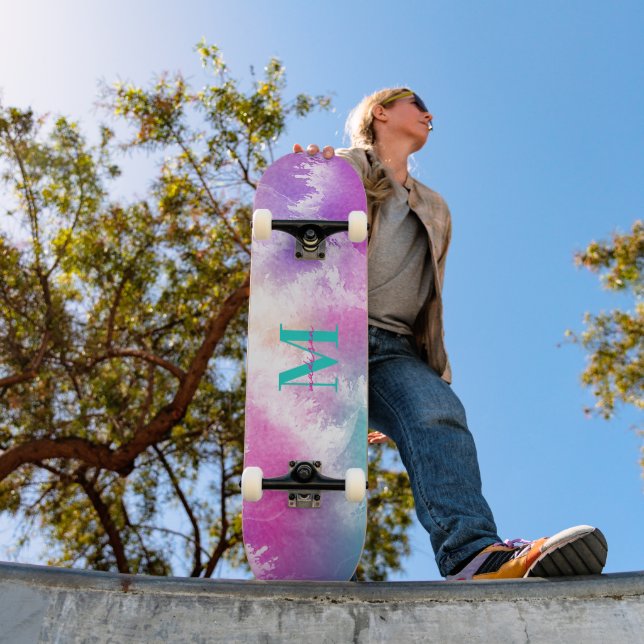 Tie Dye Pastel Pink Orange Teal Purple Monogram Skateboard (Outdoor 1)