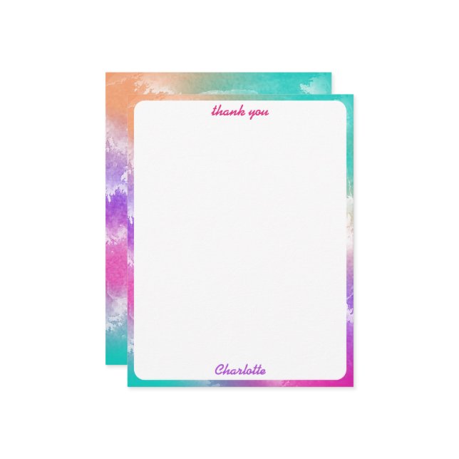 Tie Dye Pastel Pink Orange Teal Purple Monogram Thank You Card (Front/Back In Situ)