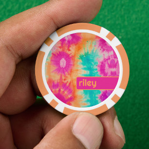 Tie Dye Pattern Hot Pink Orange Teal - custom name Poker Chips