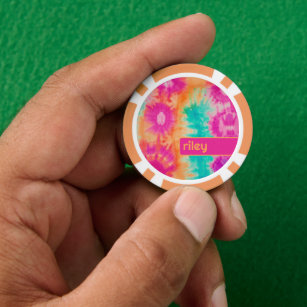 Tie Dye Pattern Hot Pink Orange Teal - custom name Poker Chips