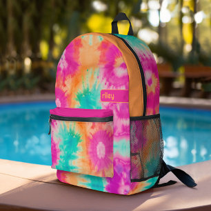 Tie Dye Pattern Hot Pink Orange Teal - custom name Printed Backpack