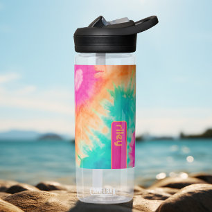 Tie Dye Pattern Hot Pink Orange Teal - custom name Water Bottle