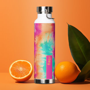 Tie Dye Pattern Hot Pink Orange Teal - custom name Water Bottle
