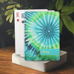 Tie Dye Pattern Lime Aqua Teal - custom name Playing Cards