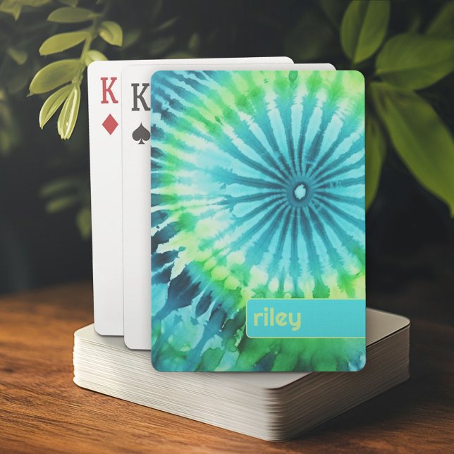 Tie Dye Pattern Lime Aqua Teal - custom name Playing Cards (Personalized playing cards)