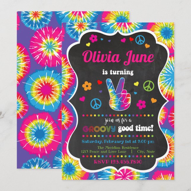 Tie Dye Peace 2nd Birthday Invitation (Front/Back)