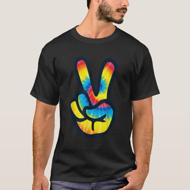 Tie Dye Peace Sign Hand V Symbol 60s 70s 80s Tee T (Front)
