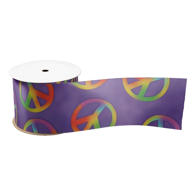 Tie Dye Peace Signs On Purple Satin Ribbon (Spool)