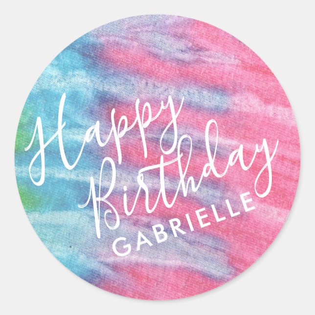 Tie Dye Pink Happy Birthday Personalised Classic Round Sticker (Front)
