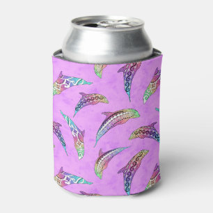 Tie Dye Pink Marine Animals Dolphins Marlins Can Cooler