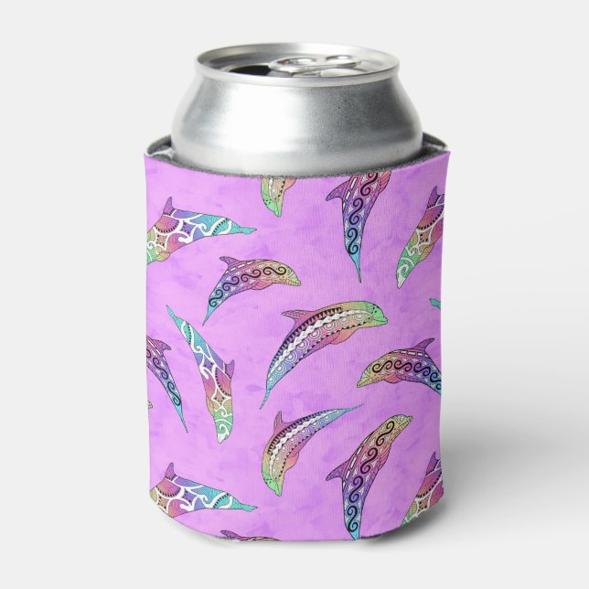 Tie Dye Pink Marine Animals Dolphins Marlins Can Cooler (Can Front)