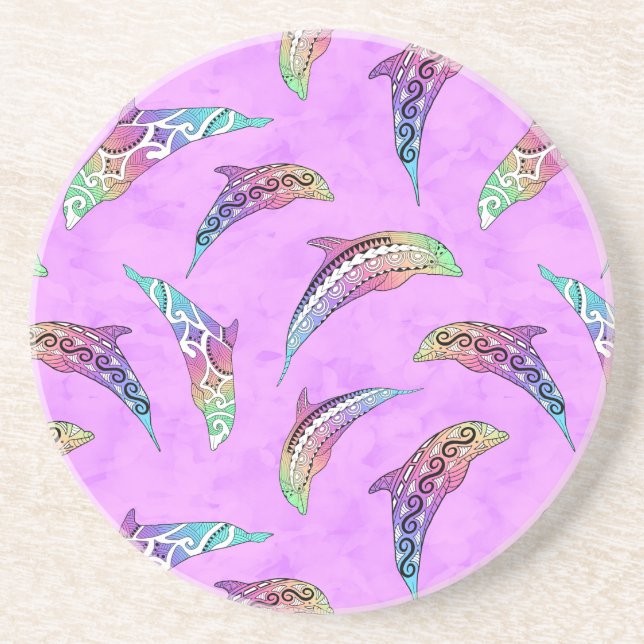 Tie Dye Pink Marine Animals Dolphins Marlins Coaster (Front)
