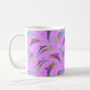 Tie Dye Pink Marine Animals Dolphins Marlins Coffee Mug