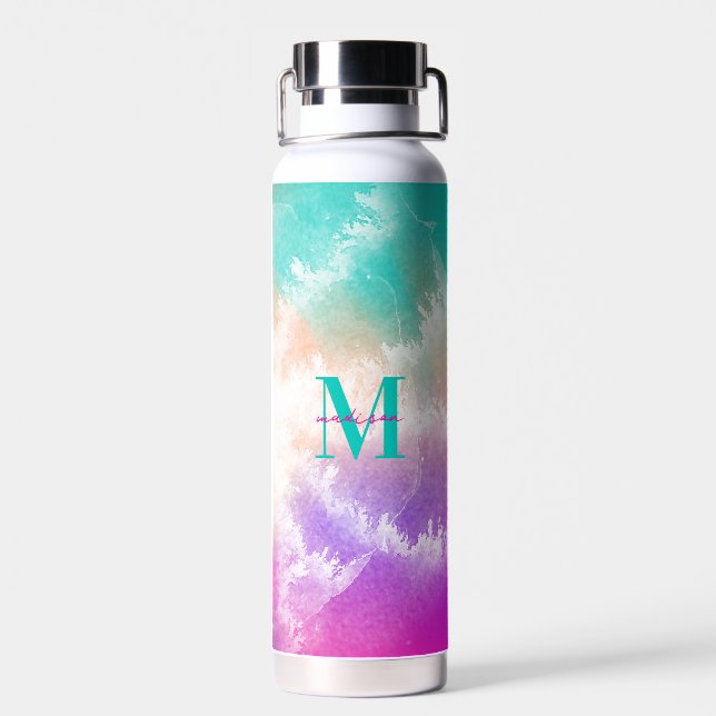 Tie Dye Pink Orange Teal Purple Monogram Water Bottle (Back)