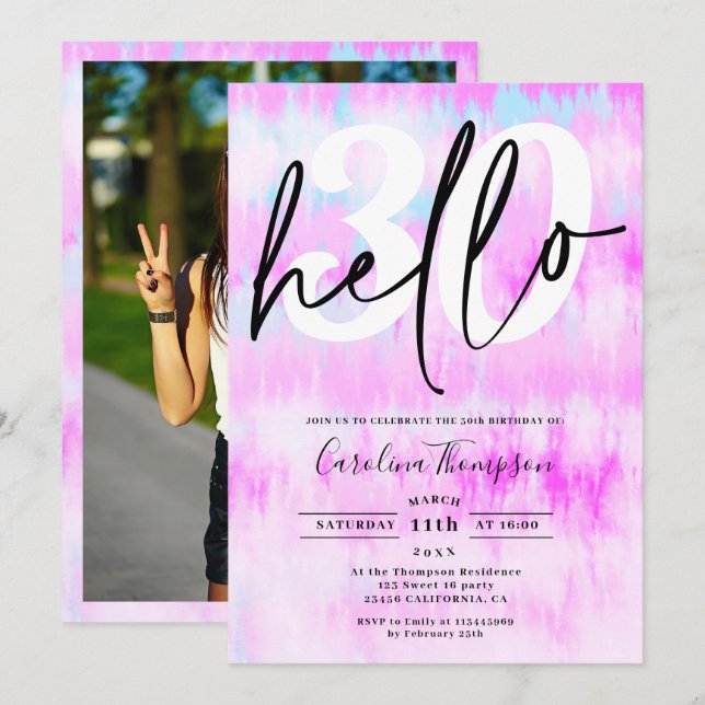 Tie dye pink rainbow pastel font photo hello 30 invitation (Front/Back)