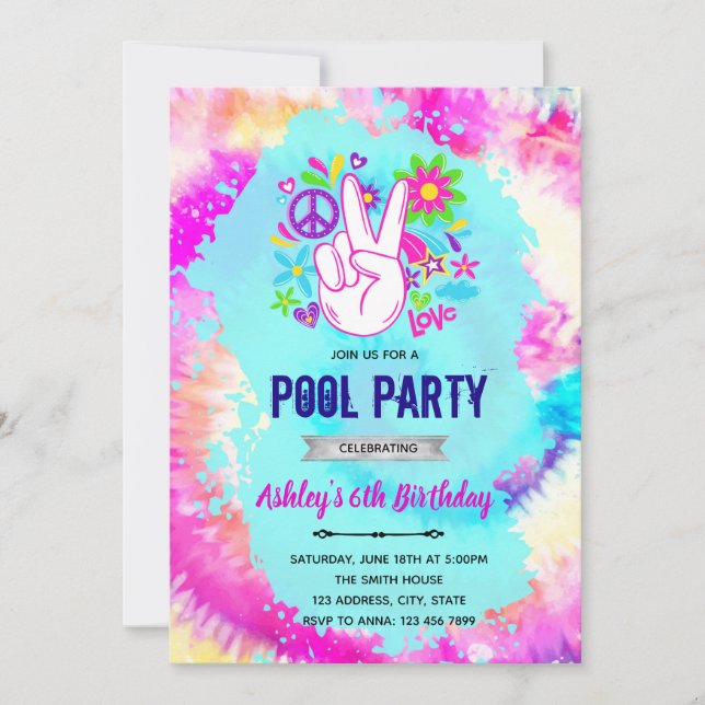 Tie dye pool birthday invitation (Front)